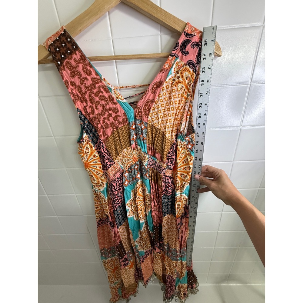 Easel Women Patchwork Handkerchief Hem Midi Dress Orange Pink Boho Lace Up Med - Picture 6 of 7
